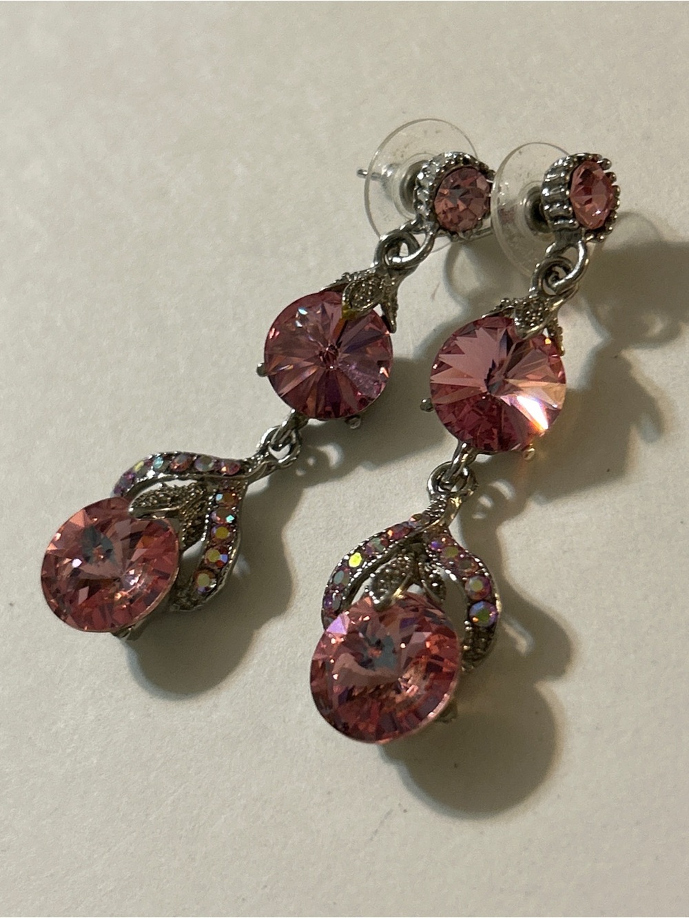 Vintage Pink Crystal Tiered Drop Statement Linear Earrings